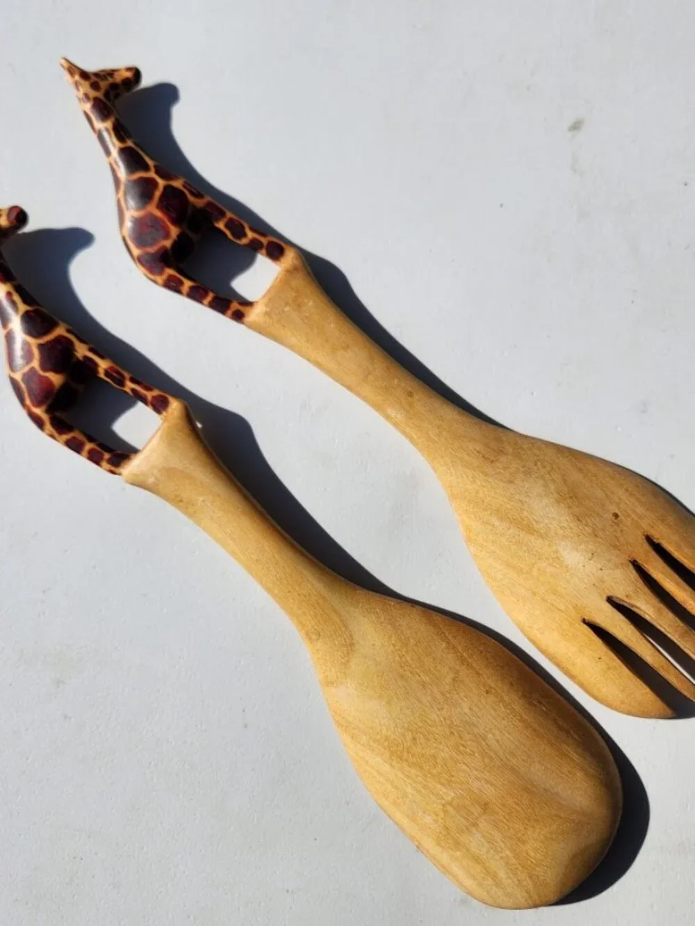 New Hand Carved Wood Giraffe Fork Spoon Serving Set Safari African Folk Art Home